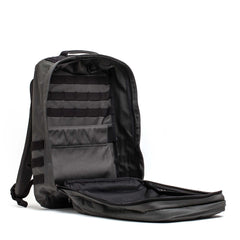 GORUCK 26L Armor Grey Black rucksack backpack open, showing durable interior compartments and MOLLE webbing