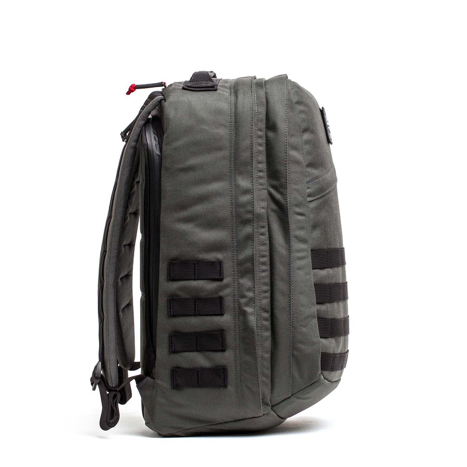 GORUCK GR2 34L Armor Grey Black rugged backpack with MOLLE webbing, side view