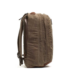 GORUCK dark oak rucking backpack with side stash pocket, rugged waxed canvas design