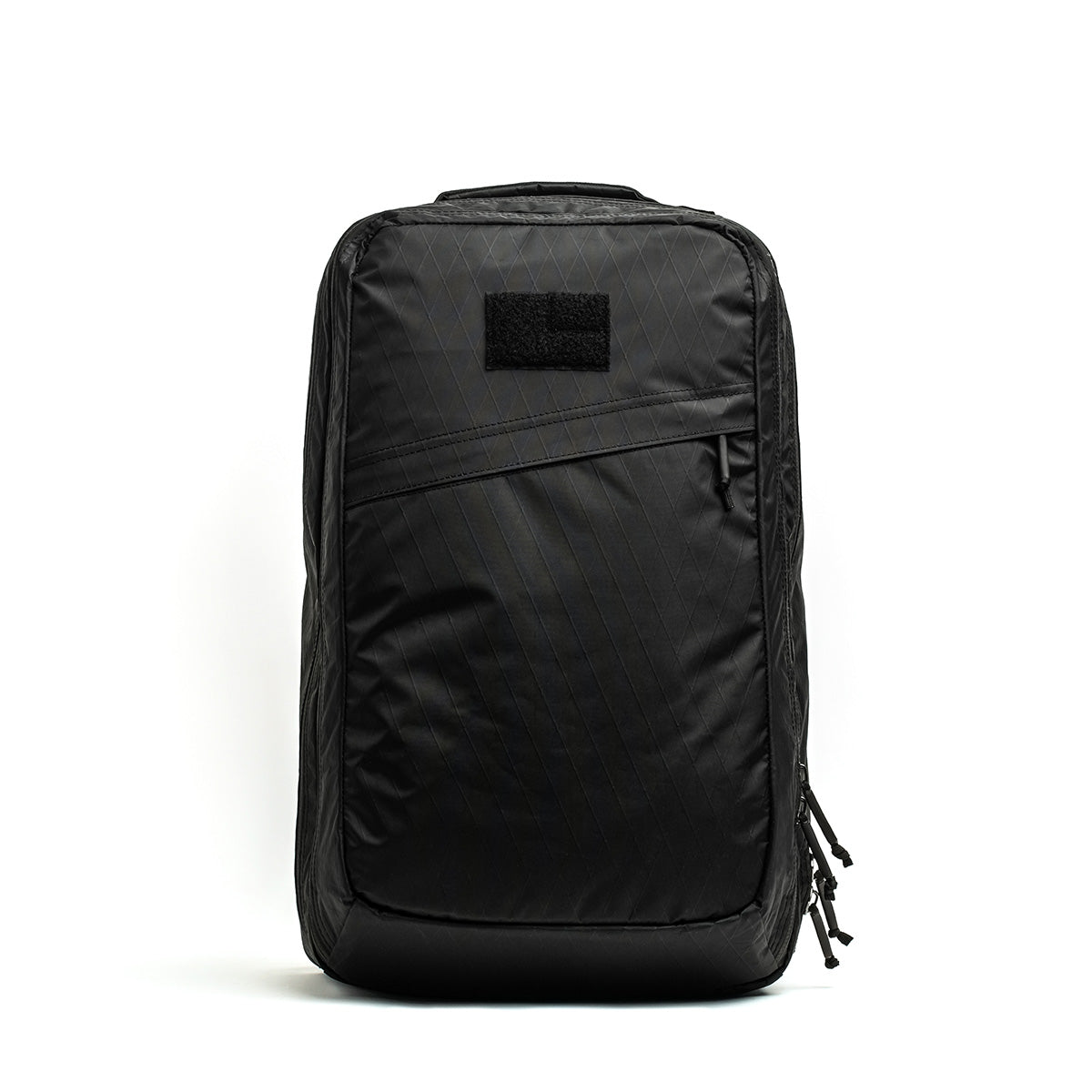 GORUCK GR2 black rucksack with front zipper pocket and velcro patch panel