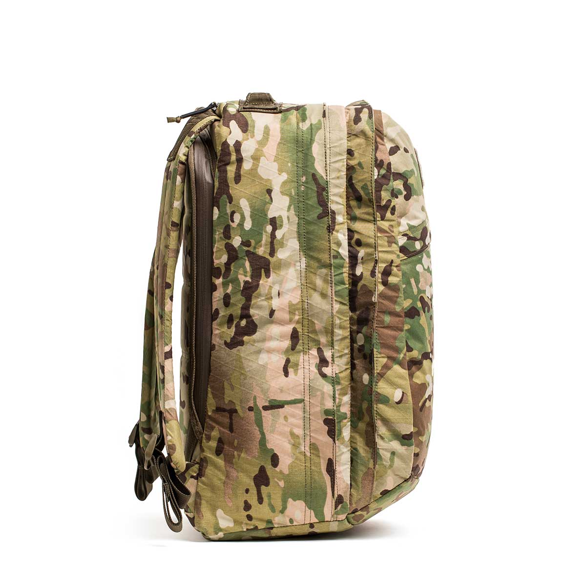 GORUCK GR2 34L backpack in Multicam X-Pac fabric, side view, rugged camo rucksack