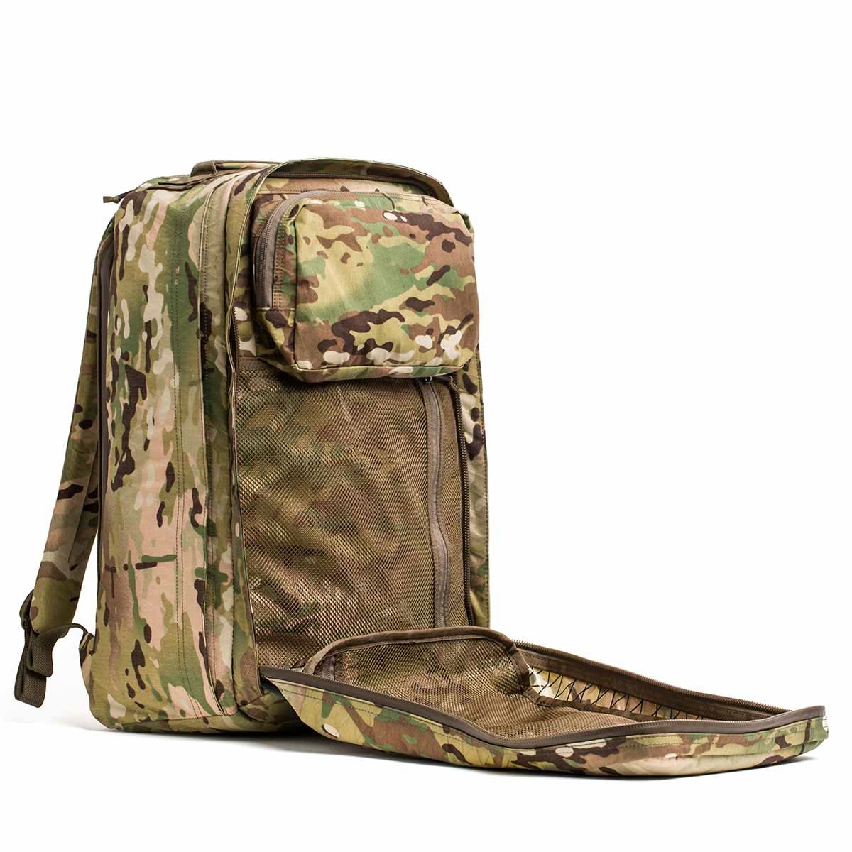 GORUCK 34L Multicam tactical backpack with front stash pocket and durable XPAC fabric