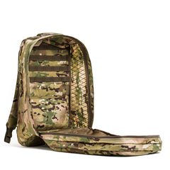 GORUCK Multicam rucksack open displaying interior mesh pocket and rugged camo design