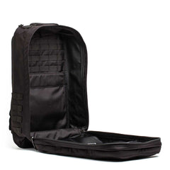 A black GR2 - Cordura backpack is open, displaying multiple interior pockets and compartments—perfect as a carry-on travel bag for organized packing.