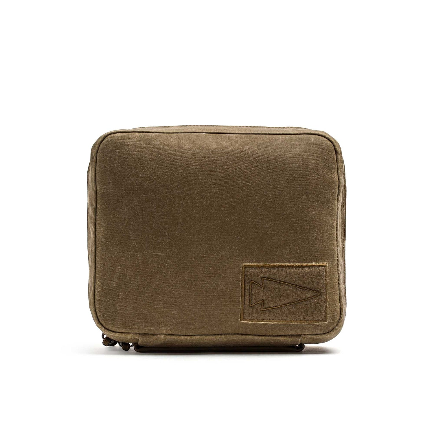 The GORUCK GR2 Field Pocket – Waxed Canvas is an olive green square pouch featuring a stitched arrowhead logo patch on the lower right corner, crafted in the style of a classic waxed canvas field pocket.