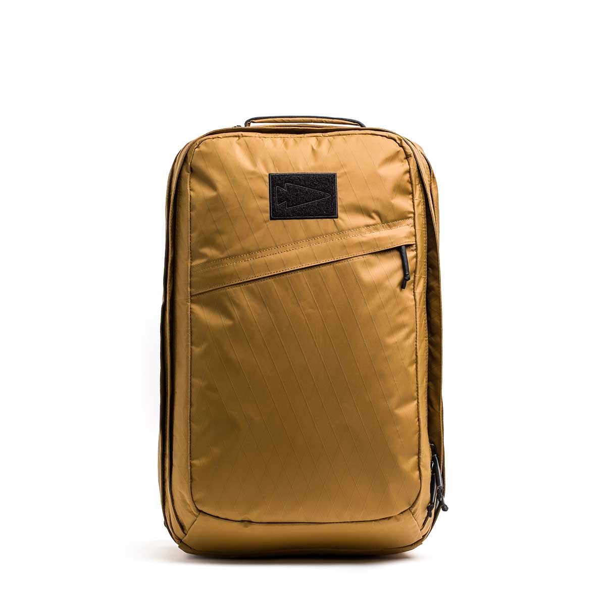 GORUCK coyote brown tactical backpack with black patch on front, durable rucking gear