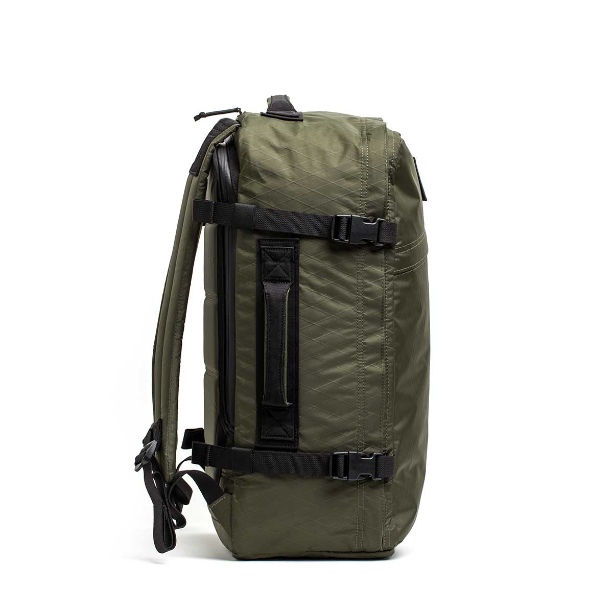 GORUCK dark green XPAC rucksack side view with black straps and rugged handle