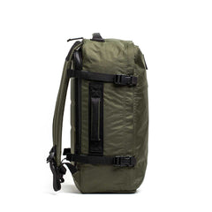 GORUCK dark green XPAC rucksack side view with black straps and rugged handle