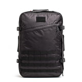 Introducing the GR3 - Dyneema by GORUCK: a black tactical carry-on backpack with a sleek rectangular shape and multiple compartments. It boasts adjustable straps, MOLLE webbing on the front, and a convenient small patch area at the top. Crafted with durable Dyneema material, this backpack is both stylish and functional for various outdoor activities.