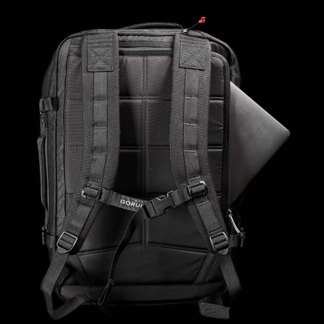 GORUCK GR3 - Cordura travel backpack featuring padded straps, waterproof zippers, and a laptop partially stored in the rear compartment.