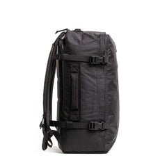 GORUCK black rucksack backpack with side handle and compression straps, side view