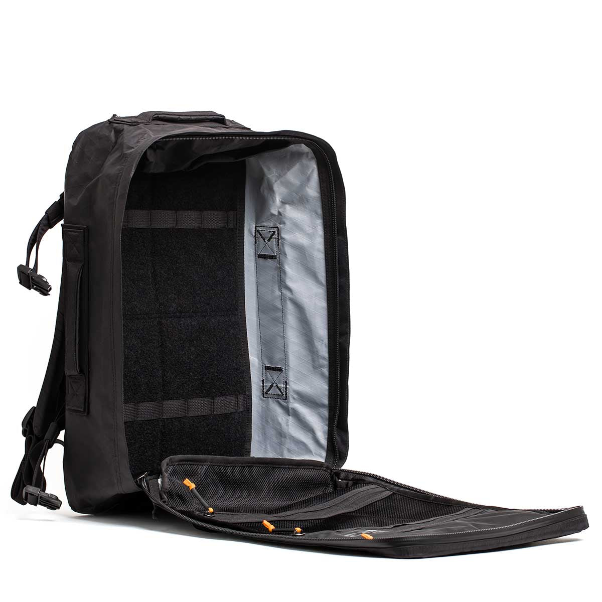 GORUCK black rucksack with open clamshell design and visible interior compartments