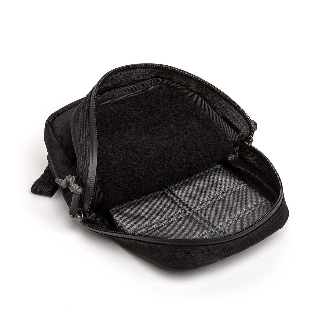 GORUCK black pouch with grey interior, open to show spacious, durable rucking gear design