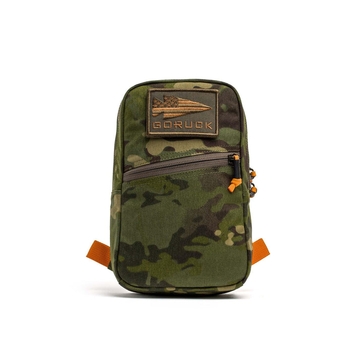 GORUCK Tropic Multicam HiVis Orange Cordura pouch with patch on white background