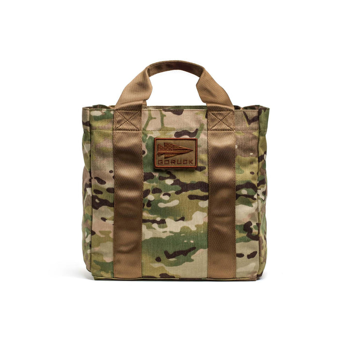 GORUCK Multicam camo tote bag with dual handles and logo patch, rugged rucking gear
