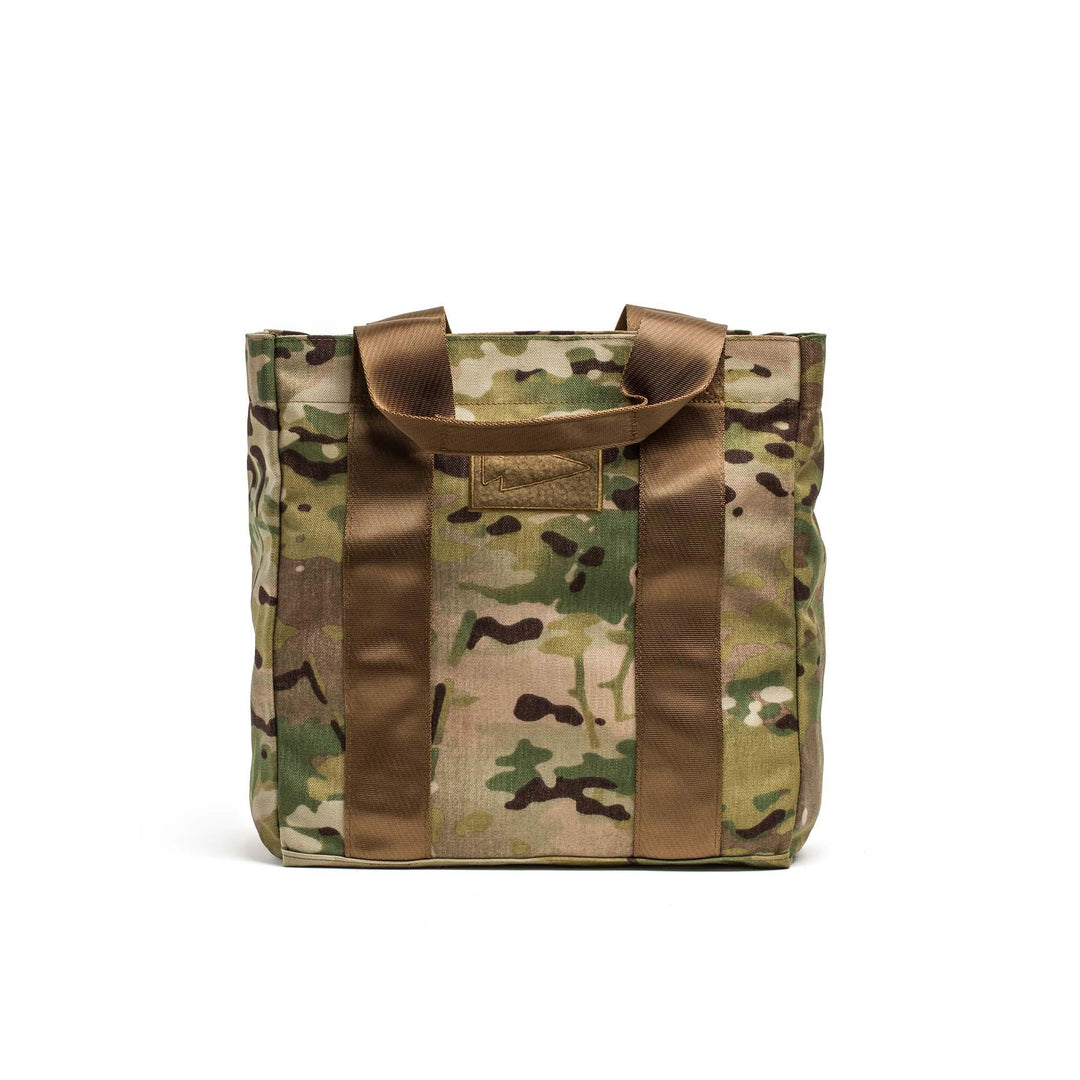 GORUCK camo tote bag with rugged handles on white background, tough rucking gear