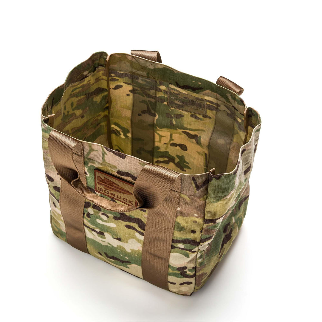 GORUCK multicam camo tote bag with durable handles, outdoor rucking gear