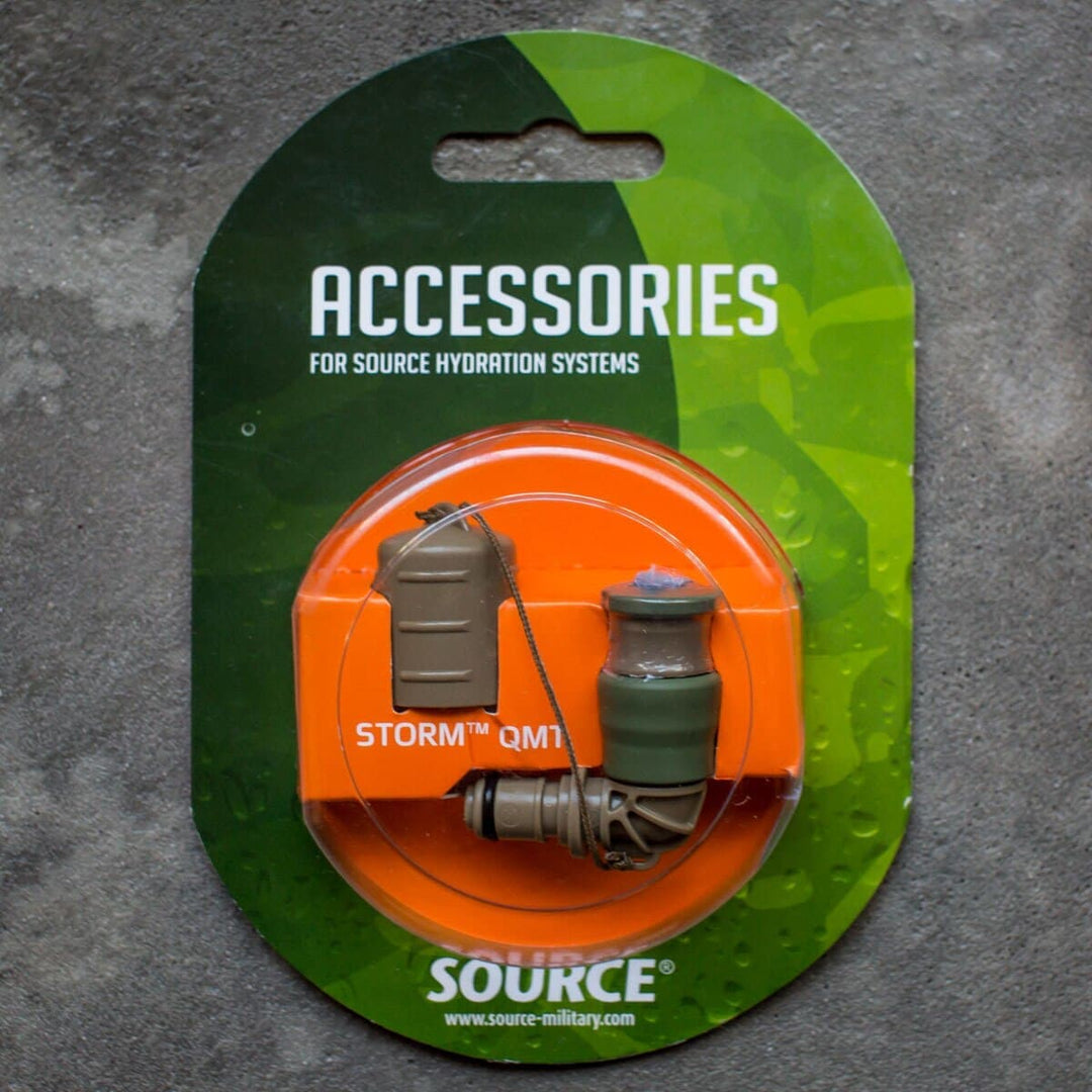 Packaging for GORUCK's Hydration Valve Mouthpiece, showcased against a green background, including the Hydration Bladder and Storm Valve Kit with a replacement mouthpiece.