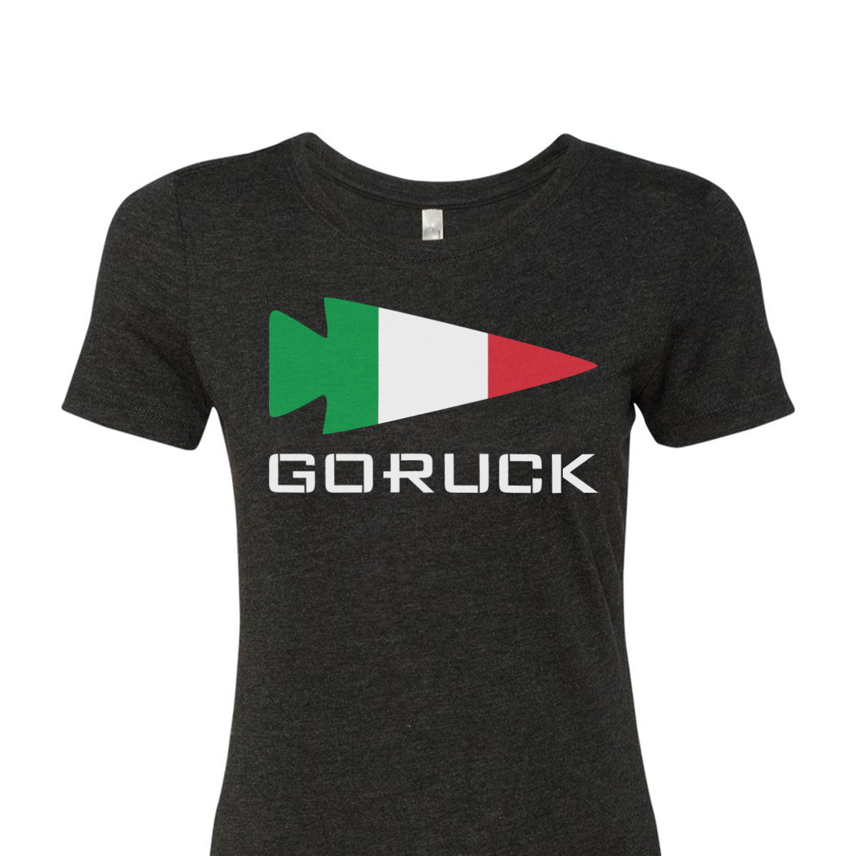 The Women's T-shirt - Rep Your Country by GORUCK EU is a high-quality tri-blend black tee, showcasing an arrow embellished with the Italian flag colors and 