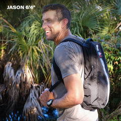 Tall man wearing GORUCK backpack outdoors, showcasing rucking gear fit and sizing guide