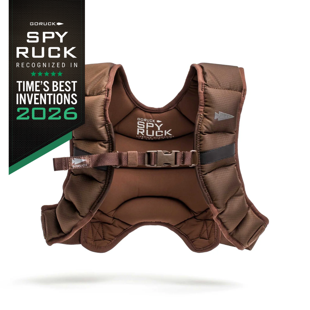 Brown GORUCK Spy Ruck | Women’s Weighted Vest with a front buckle, next to a 2026 best invention badge.