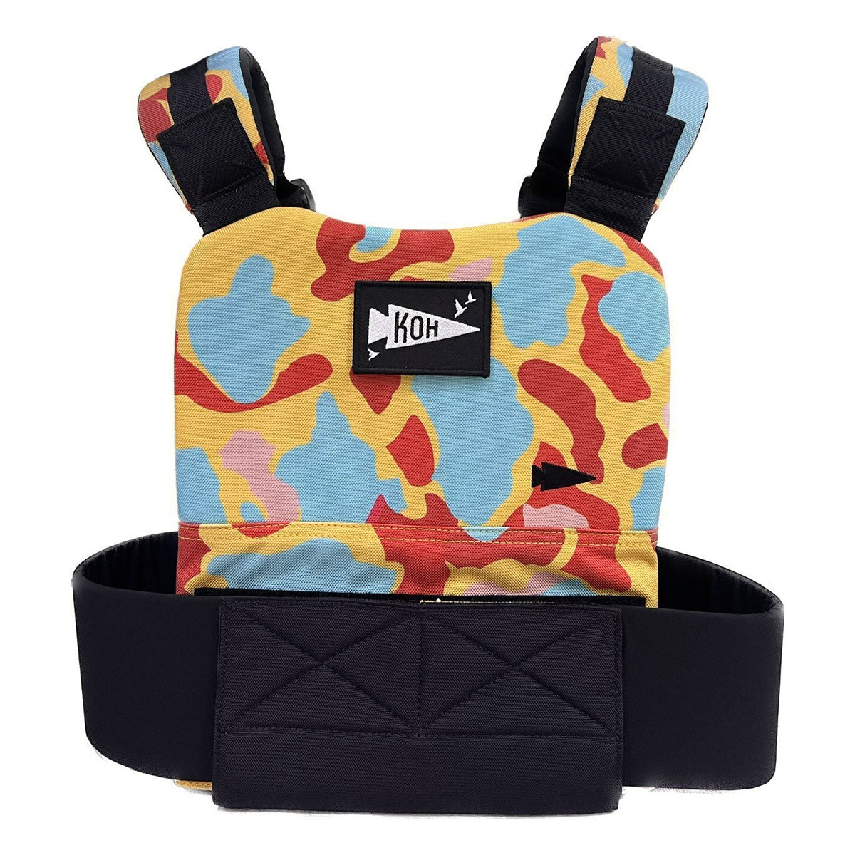 Colorful camouflage-patterned baby carrier with black straps and a 