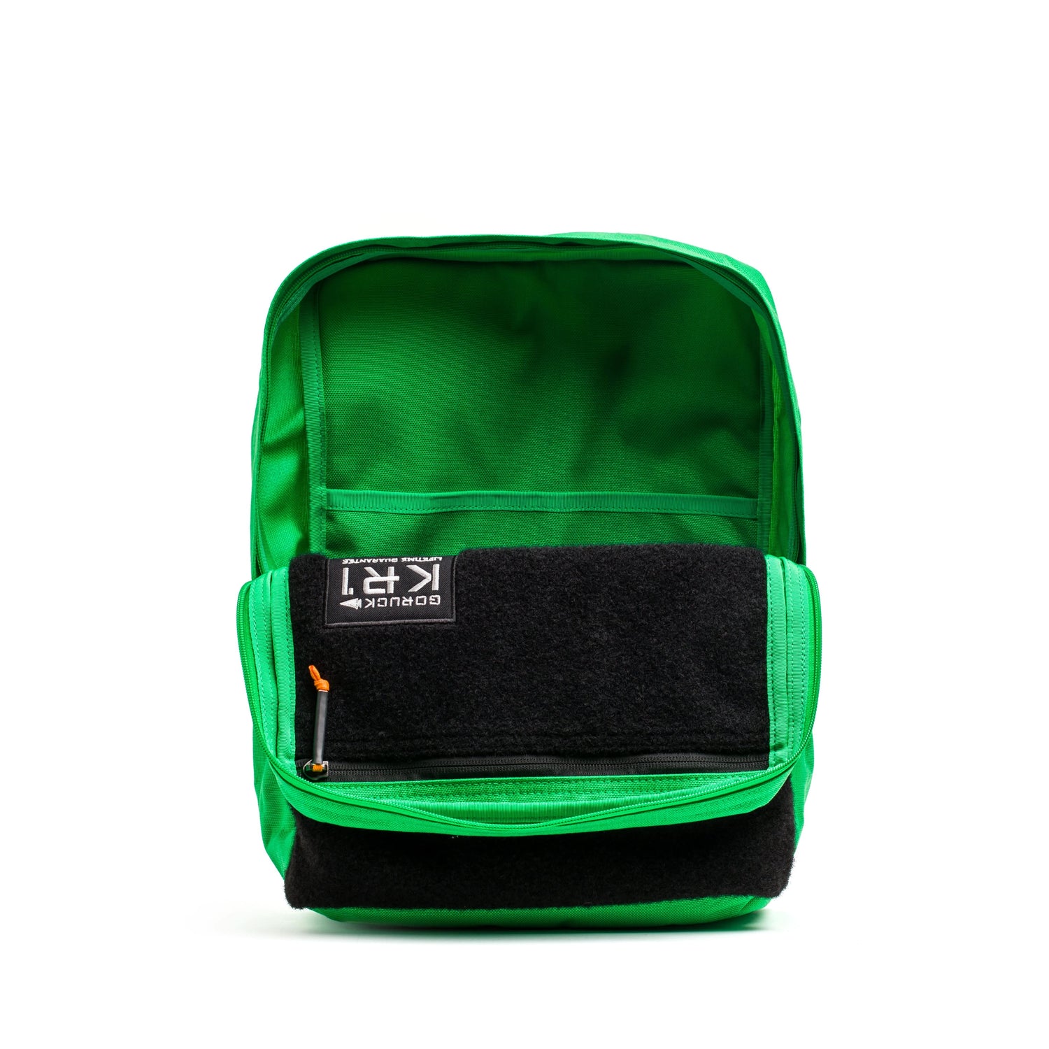 The GORUCK KR1 2.0 - Kid Ruck, featuring a vibrant green exterior and black interior with multiple compartments, is shown standing upright against a white background. Its reinforced stitching highlights the backpack's durability.
