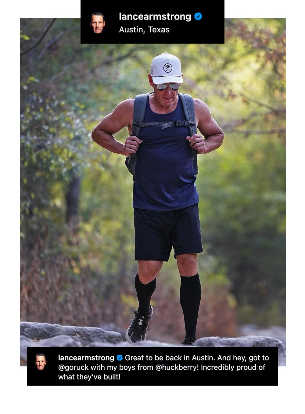 A man in athletic gear hikes outdoors with a backpack, surrounded by greenery.