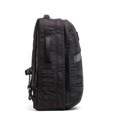 GORUCK Long Range Rucker 4.0 39L black tactical backpack with orange accents, side view