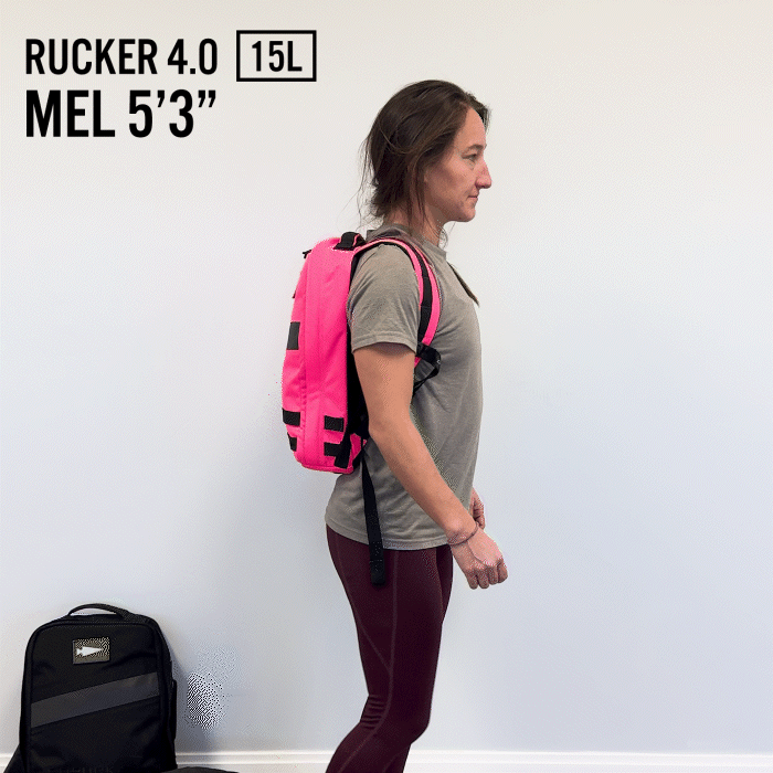 A side view shows a person with a pink GORUCK Rucker 4.0 backpack labeled 