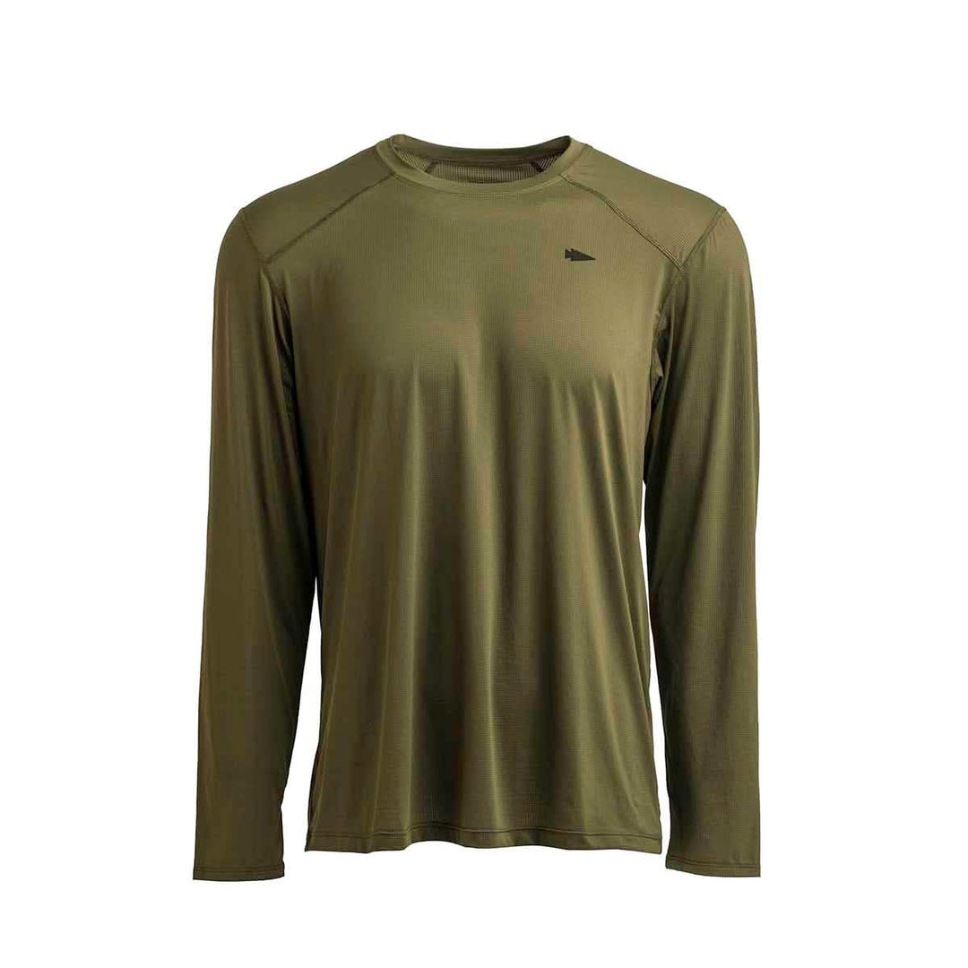 The Men's Long Sleeve Performance Tee - ToughMesh by GORUCK in olive green incorporates a subtle dark triangular logo on the left chest. Made from ToughMesh™ fabric, this featherweight training shirt offers lightweight comfort and features a crew neckline, making it ideal for casual wear.