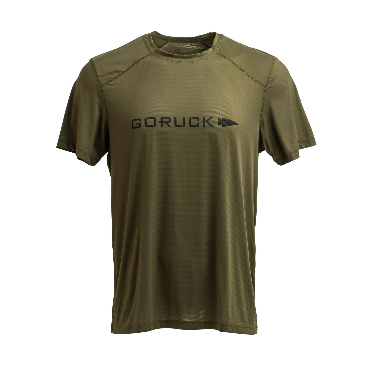 GORUCK men's olive performance tee, moisture-wicking, short sleeves, front logo
