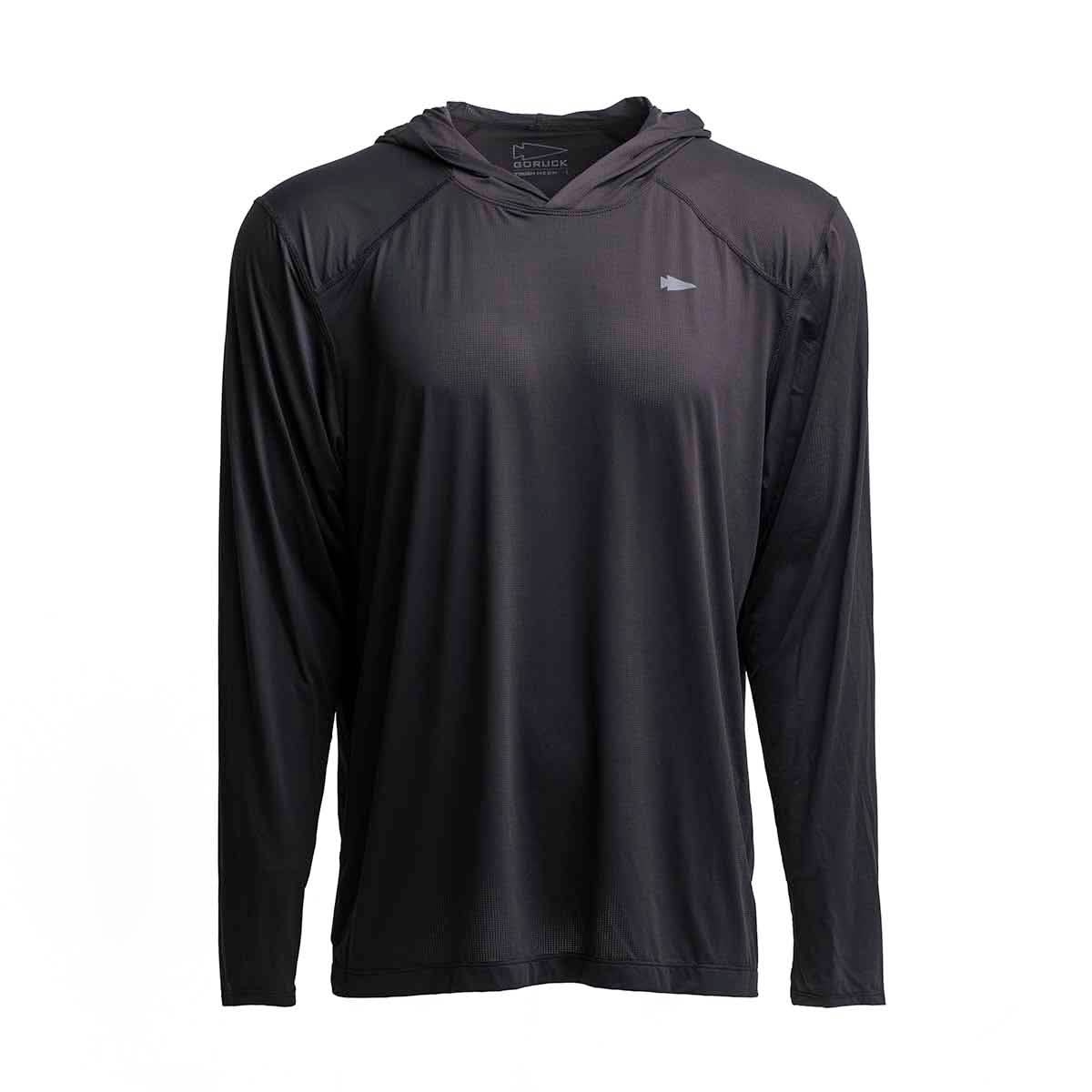 GORUCK men's black pullover performance hoodie with thumbholes, size L, front view