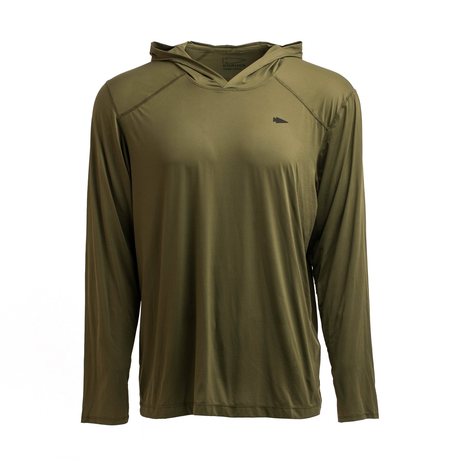 GORUCK men's olive pullover performance hoodie with thumbholes, size L, front view