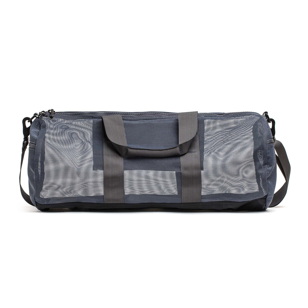 The Mesh Gym Bag is gray with mesh panels, features two handles, and includes an adjustable shoulder strap.