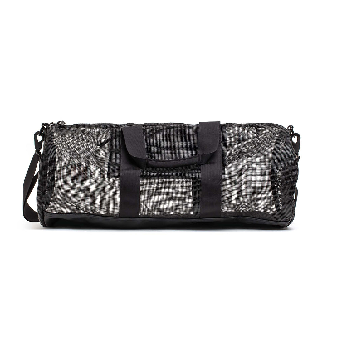 The Mesh Gym Bag, in black and gray mesh, features two handles and a detachable shoulder strap. Shown on a white background.
