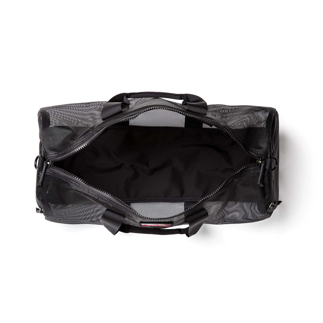 Top view of an open Mesh Gym Bag with a zipper, displaying the empty main compartment.
