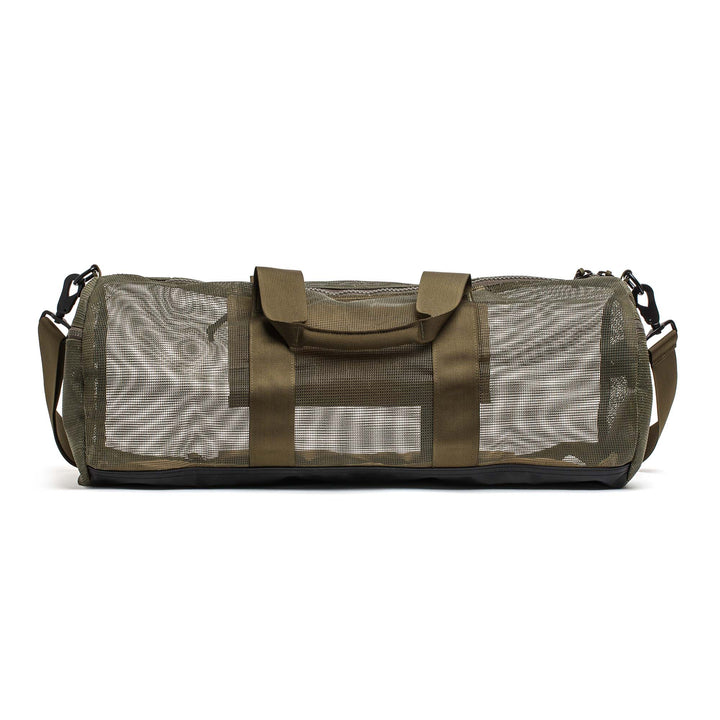 The Mesh Gym Bag features olive green mesh with black accents, two handles, and an adjustable shoulder strap—ideal for carrying all your workout essentials.