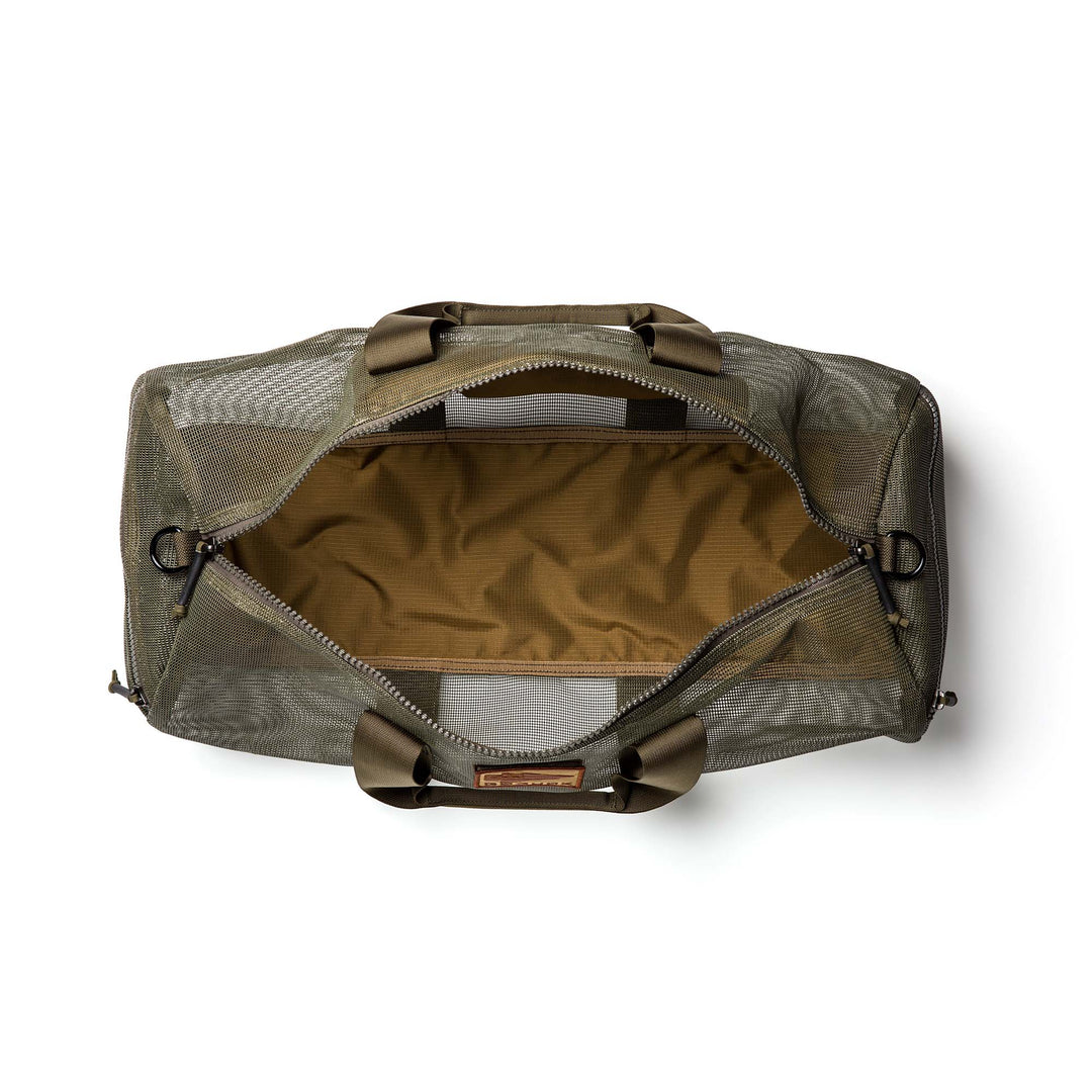 Top view of an open Mesh Gym Bag in olive green, featuring a tan interior and zipper closure.