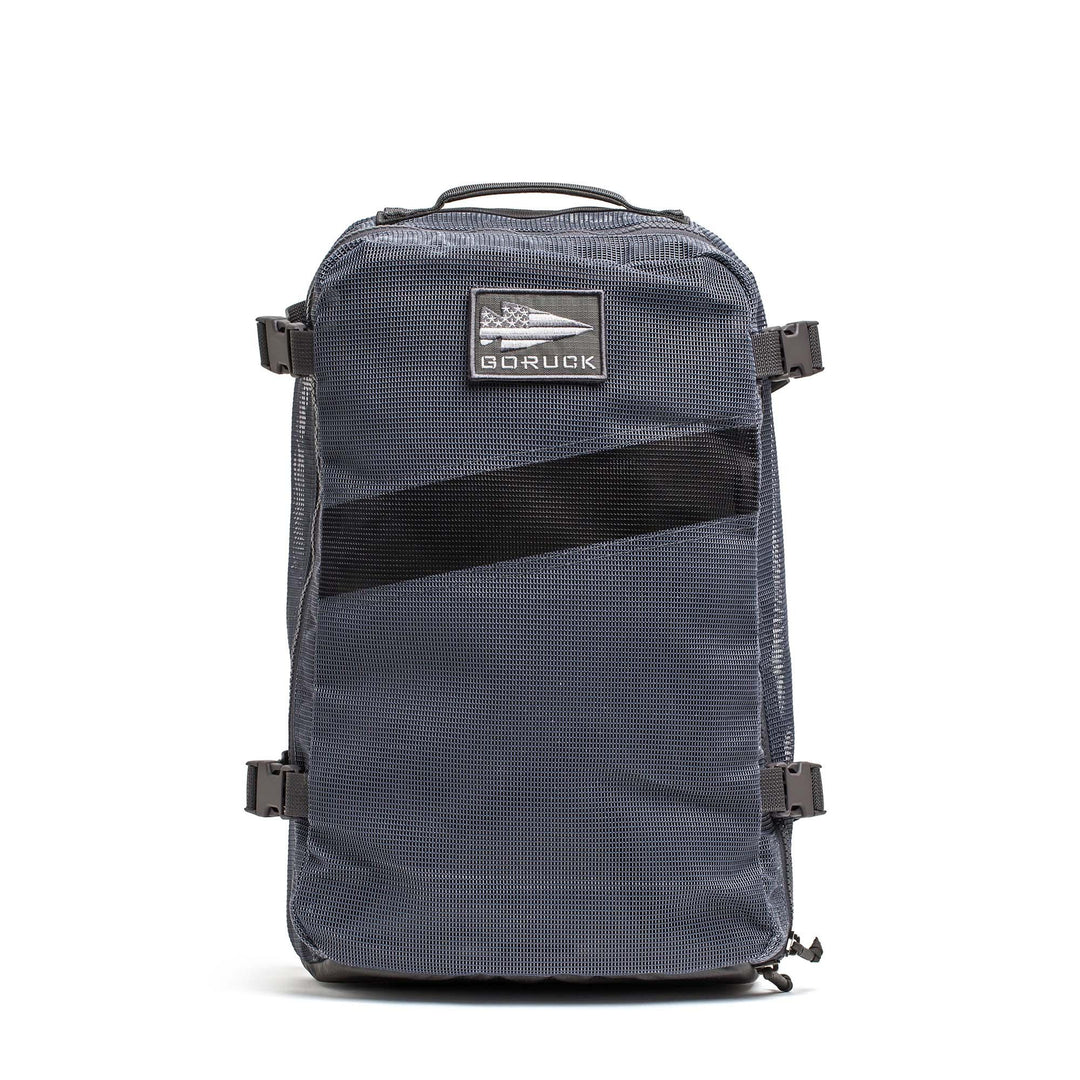GORUCK Mesh Ruck Armor Grey backpack with patch, front view on white background