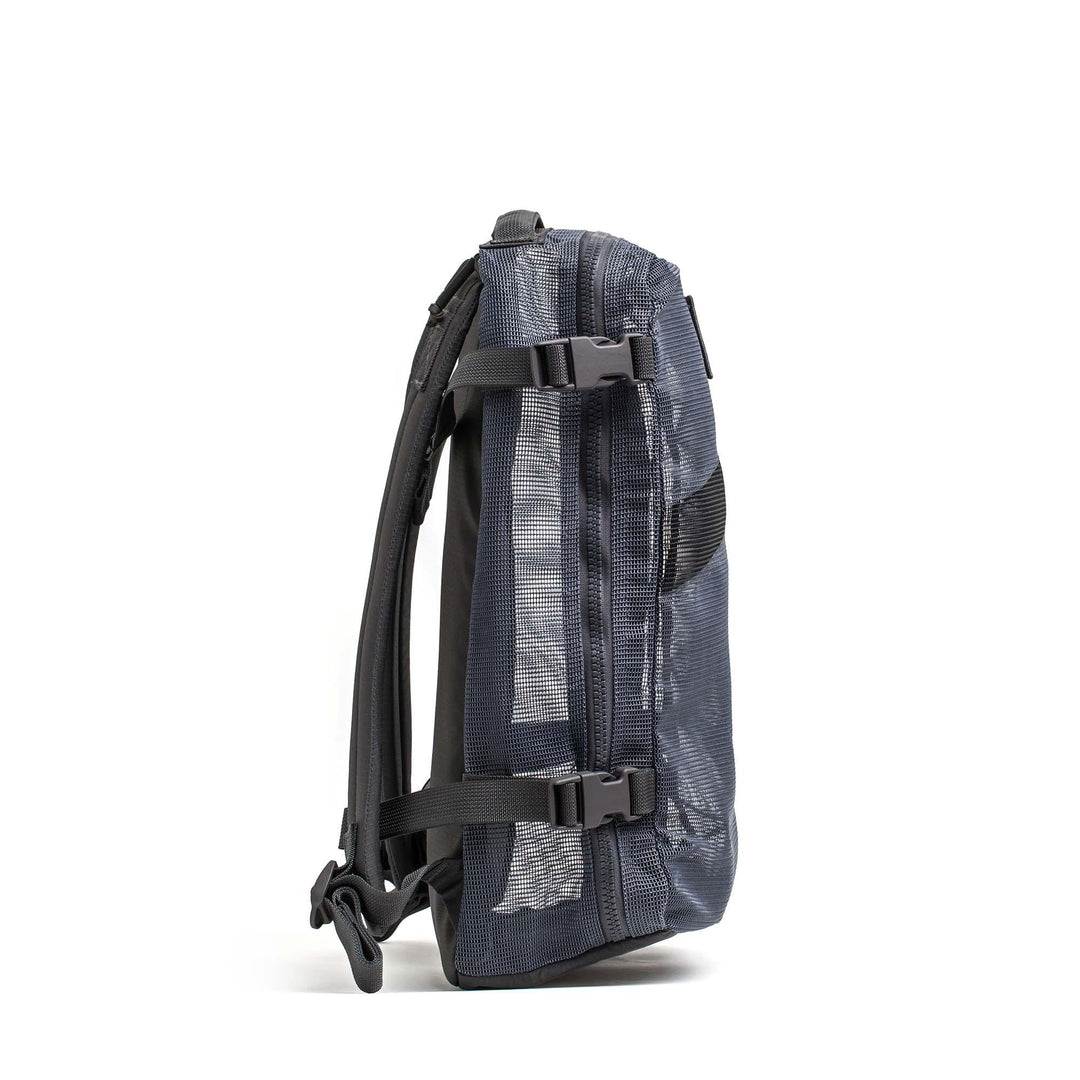 GORUCK Mesh Ruck pack in armor grey, side view, rugged rucking backpack with mesh pocket