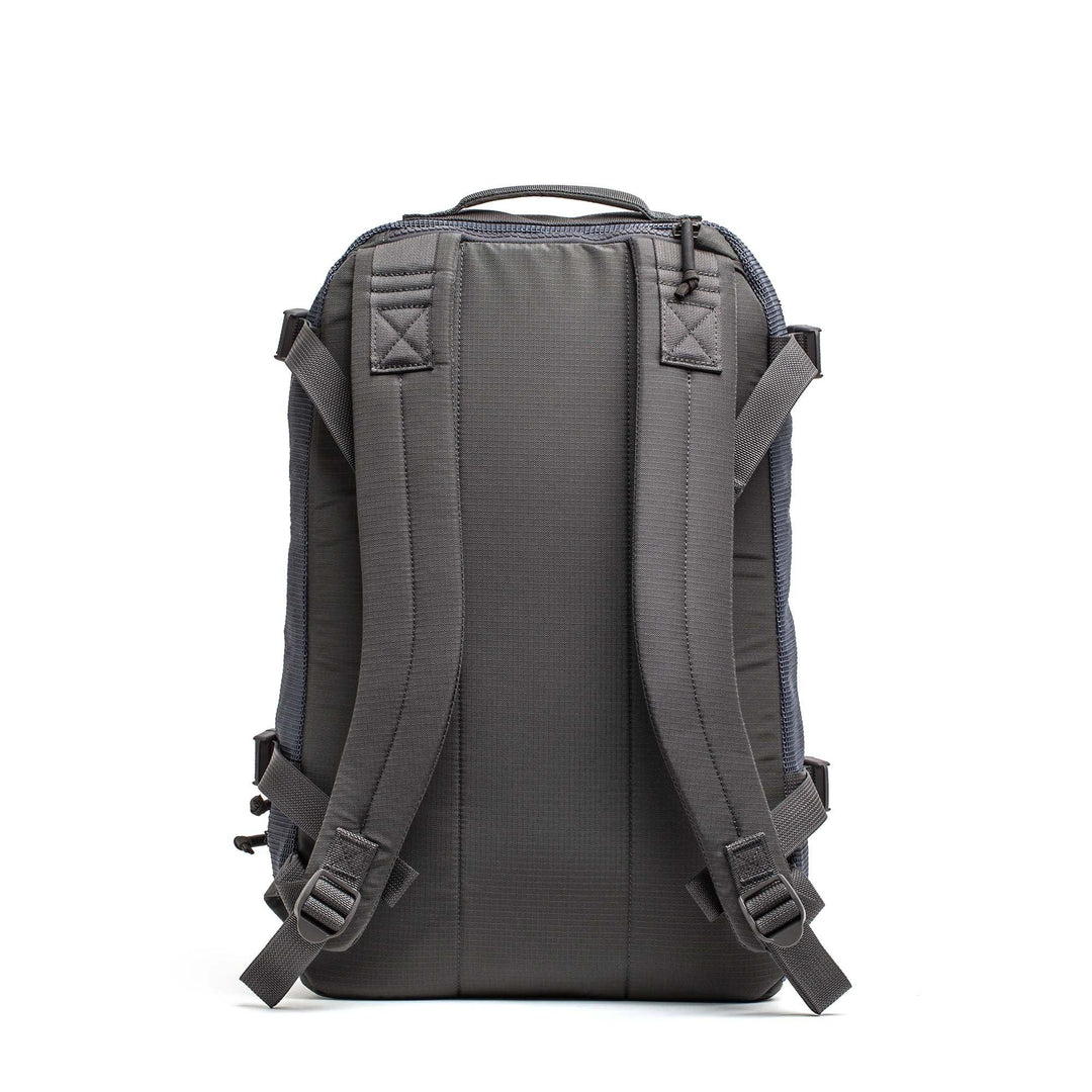 GORUCK Armor Grey Mesh Ruck backpack rear view with padded straps on white background