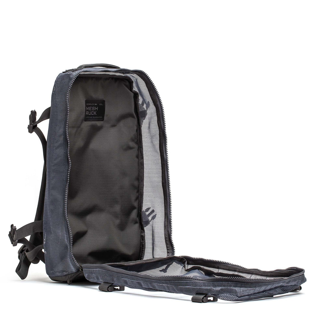 GORUCK Mesh Ruck Armor Grey backpack open, showing spacious interior and durable design