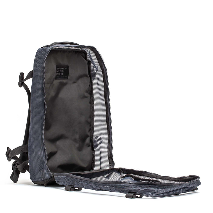 GORUCK Mesh Ruck Armor Grey backpack open, showing spacious interior and durable design