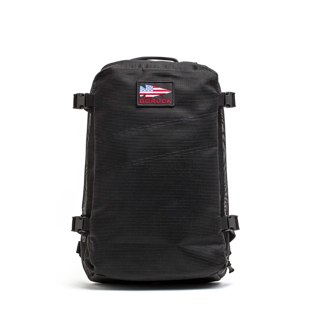 GORUCK black mesh rucksack backpack with American flag patch on white background