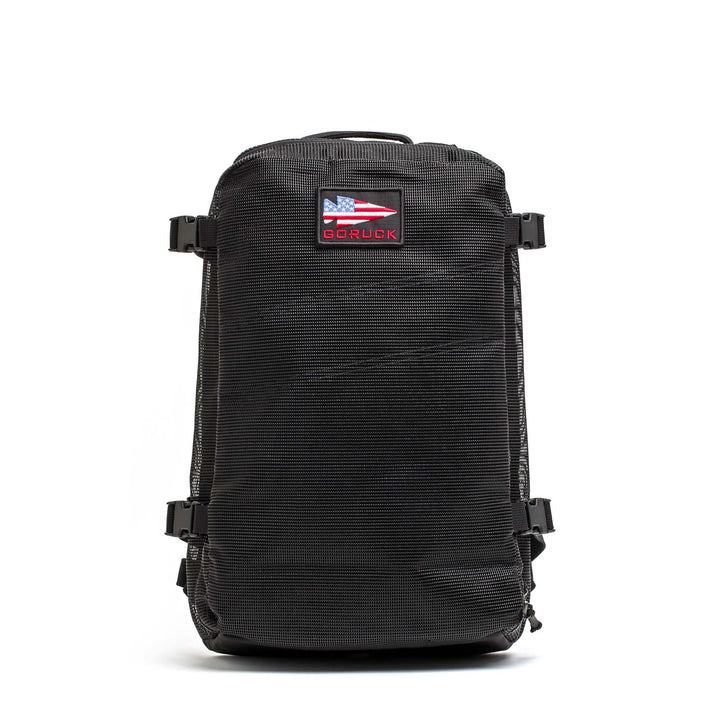 GORUCK black mesh rucksack backpack with American flag patch on white background