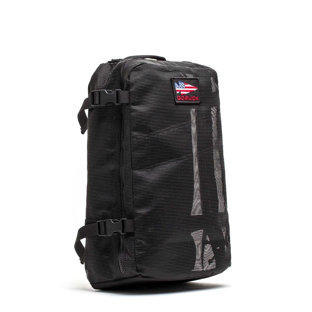 GORUCK black mesh rucksack with American flag patch, durable tactical backpack