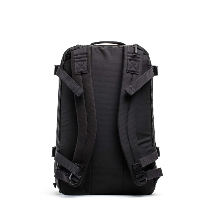 GORUCK black rucking backpack rear view showing padded straps and durable stitching