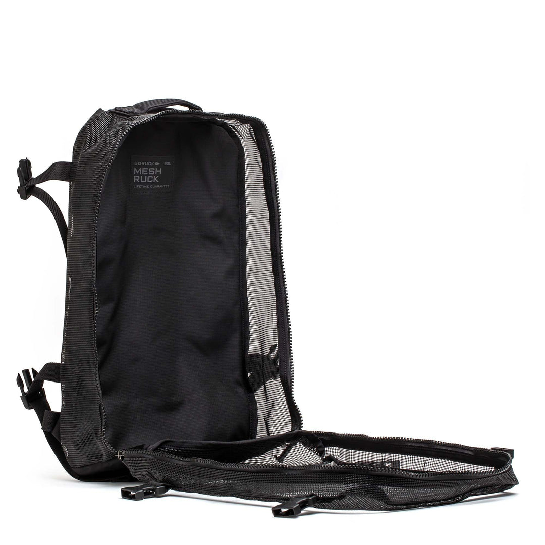 GORUCK Mesh Ruck black backpack open, showing spacious mesh-lined interior