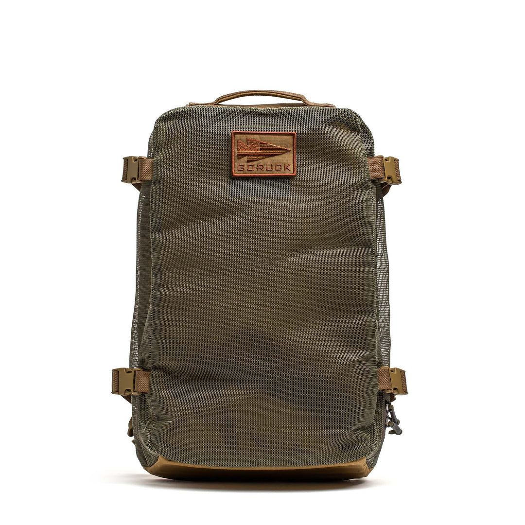 GORUCK sand and ranger green mesh rucksack with logo, durable tactical design